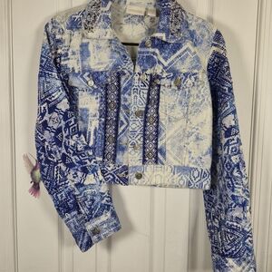 Chico's Beaded Aztec Print Blue Patterned Cropped Trucker Denim Jacket Size XS